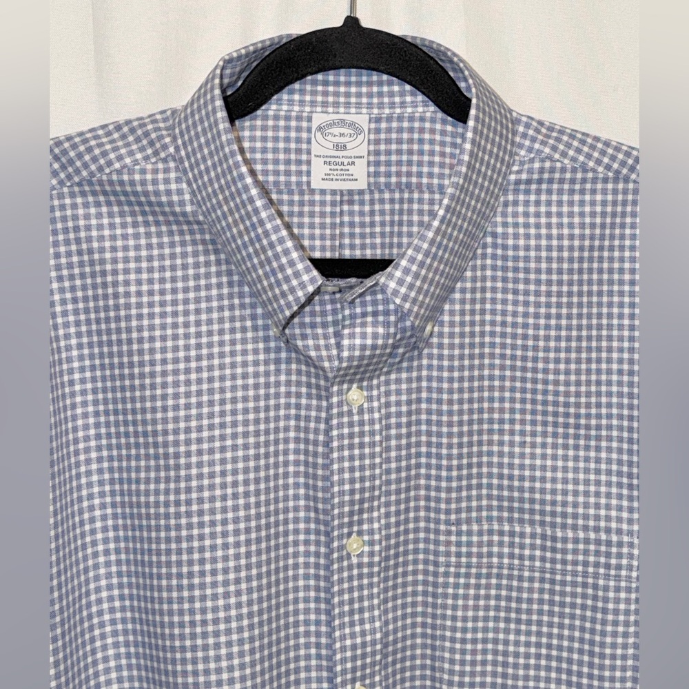 Brooks Brothers 1818 NON-IRON Long Sleeve Shirt Blue White Plaid Mens 17.5 36/37 - Picture 4 of 11